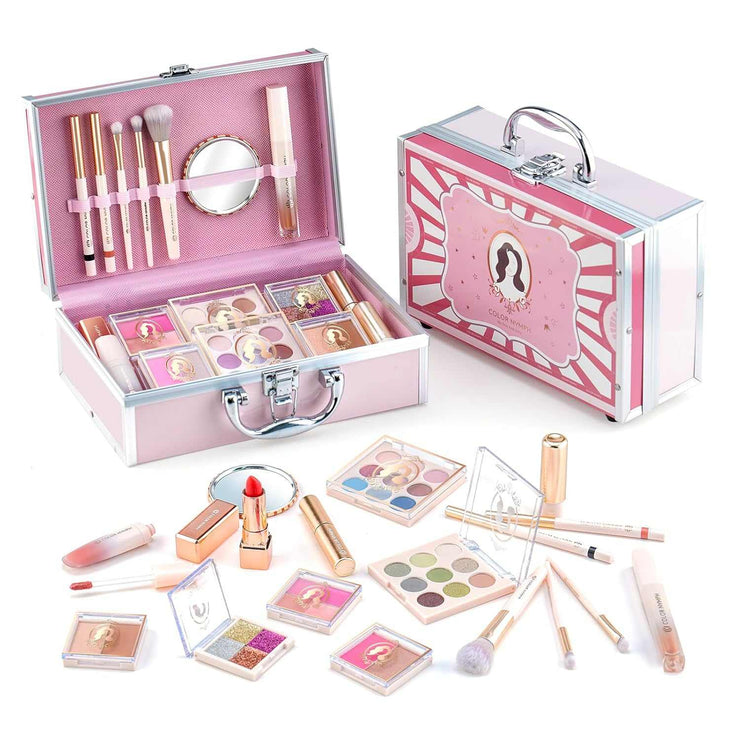 Girls makeup kit with pink train case, eyeshadows, lip gloss, brushes, and blush for teens and beginners