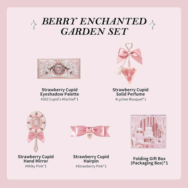 Strawberry Cupid Makeup berry enchanted garden set with eyeshadow palette, solid perfume, hand mirror, hairpin, and folding gift box