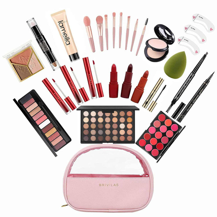 All In One Makeup Set with eyeshadows, lipsticks, brushes, and beauty tools in a pink carrying case