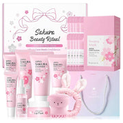 Sakura Skincare Set for Teen Girls & Women, 32PCS Face Care Kit with Cherry Blossom Essence, Serum, Cleanser, Lip Mask, Mud Mask & More