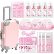 Pink cherry blossom themed skin care set with cleanser, toner, serum, eye cream, face cream, masks, and a travel suitcase for teenage girls and women.