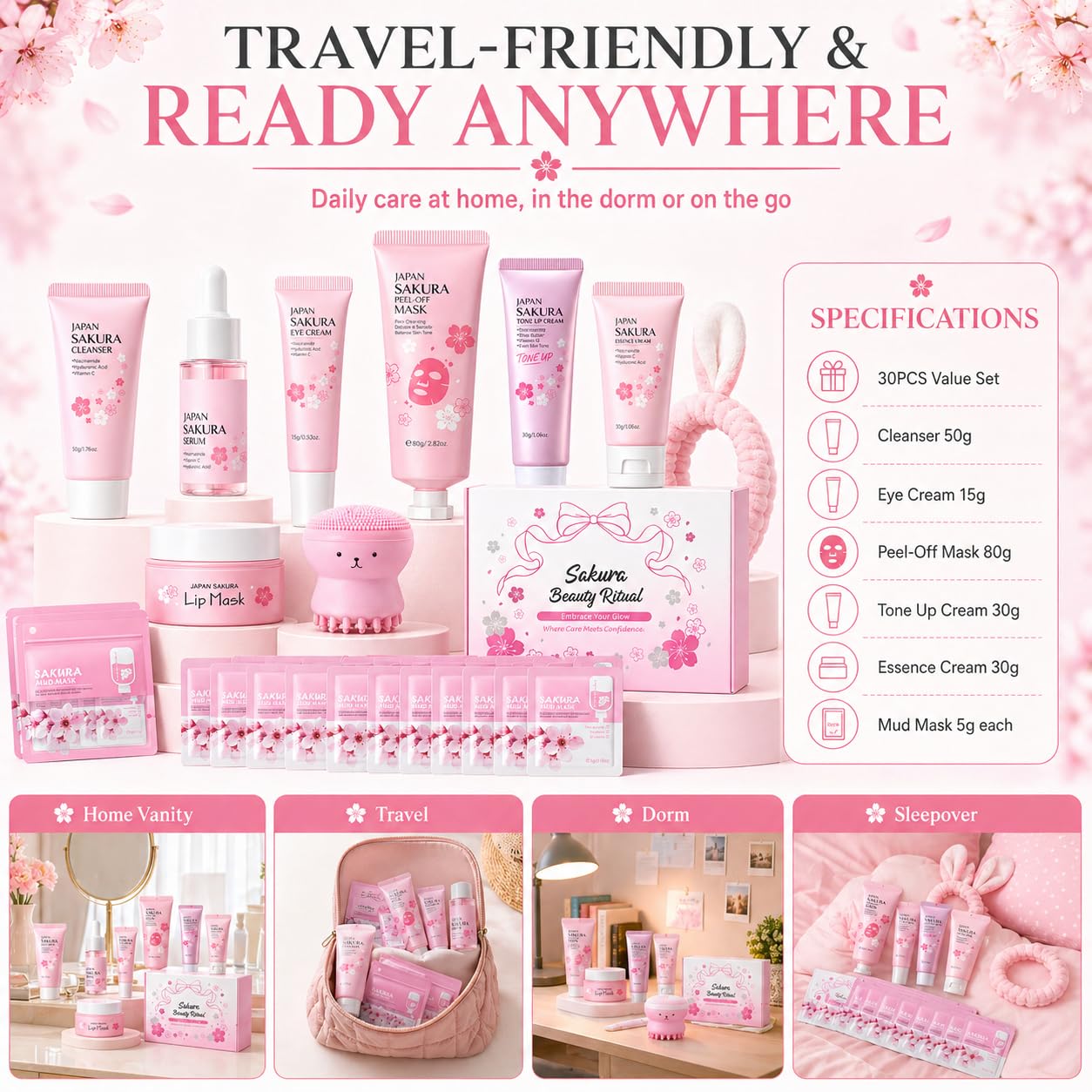 Japan Sakura Skin Care Set for Teen Girls, Skincare for Girls 10-12, Skin Care for Teens 10-12, Japanese Cherry Blossom Skin Care for Kids, Birthday & Mothers Day Gifts 30PCS