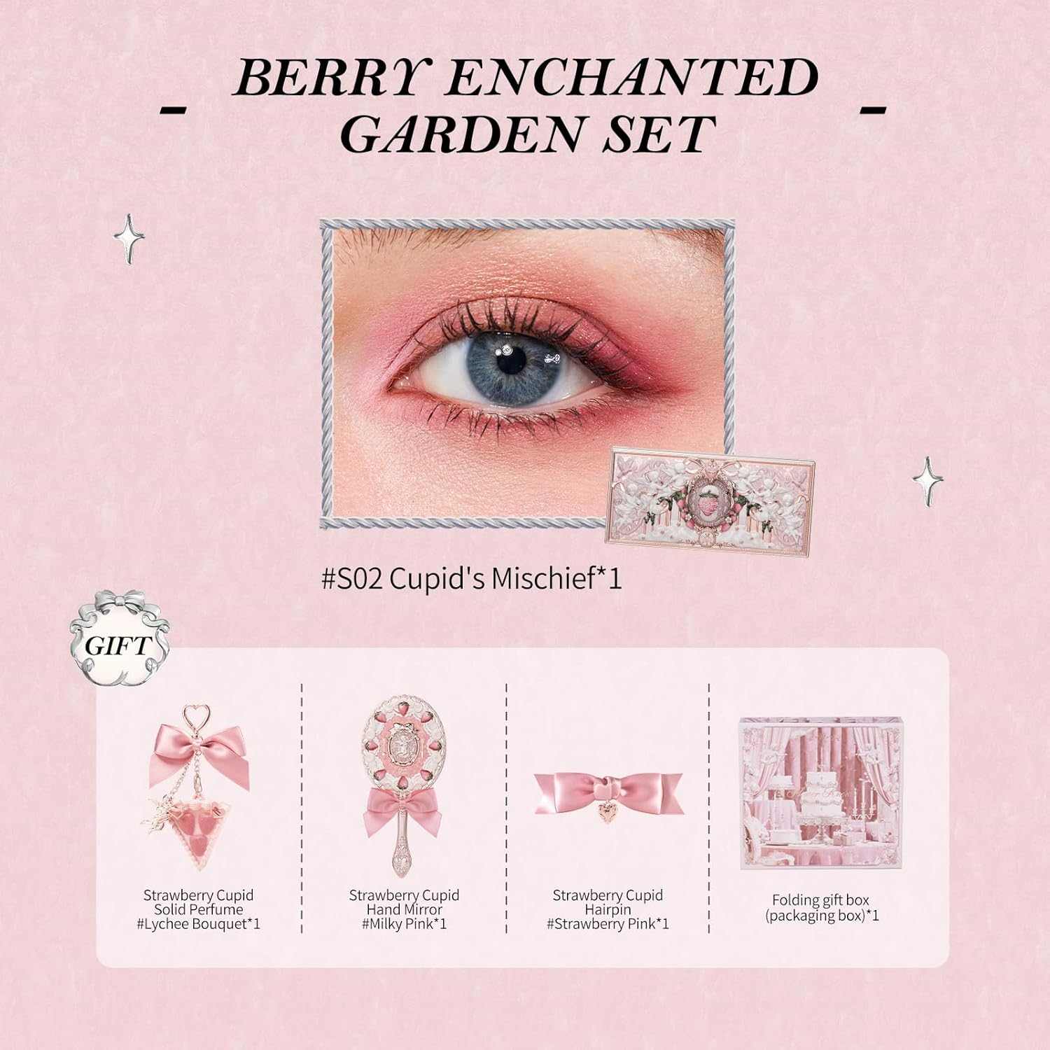 Strawberry Cupid Makeup set with pink eyeshadow, solid perfume, hand mirror, hairpin, and folding gift box on a pink background