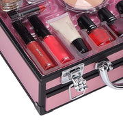 Full makeup kit with lip glosses and cosmetics in a portable pink case for professional and daily use