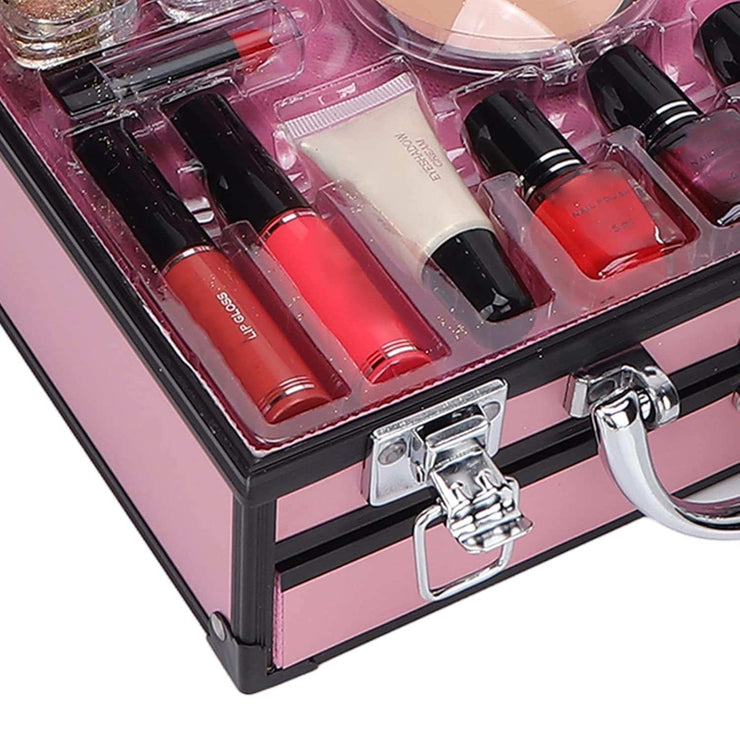Full makeup kit with lip glosses and cosmetics in a portable pink case for professional and daily use