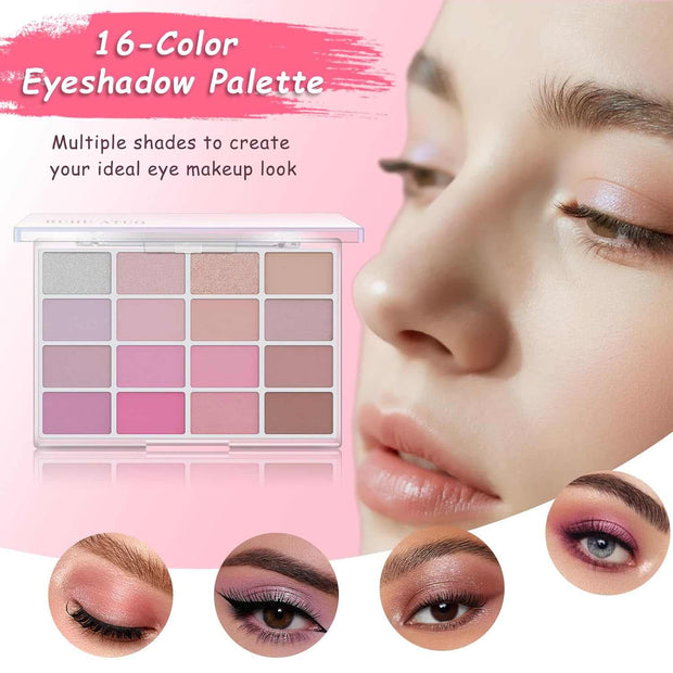 All-in-One Makeup Set pink compact with 16-color eyeshadow palette and various shades for eye makeup looks
