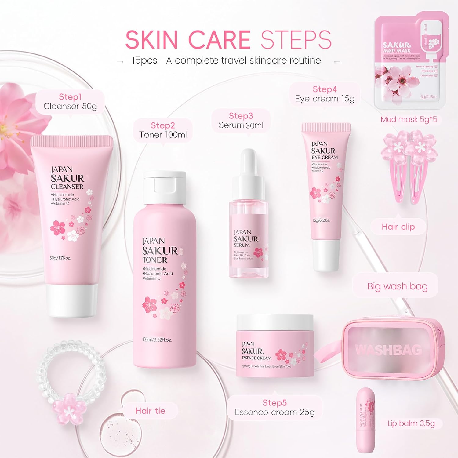 Skin Care Set, Gift Sets Skin Care Kit for Teenage Girls - JAPAN Cherry Blossom Skincare Sets Cleanser, Toner, Serum, Face Cream, Travel Kit for Women Kids Teenagers(15Pcs)