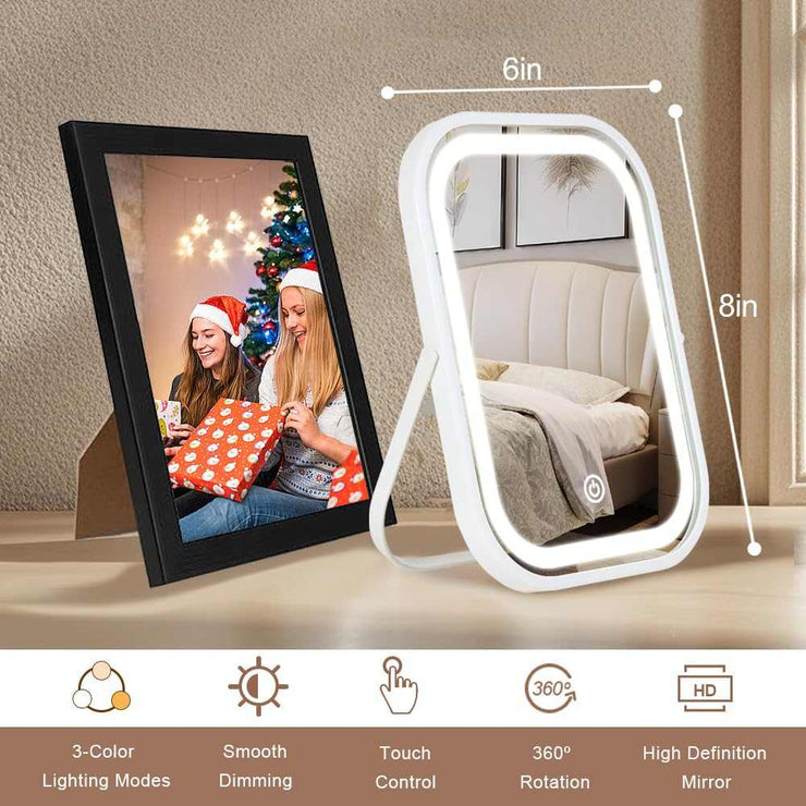 Travel Makeup Mirror with Lights, Portable Small Beauty LED Vanity Mirror with Lights, 1200Mah Battery, Dimmable Touch Screen, Tabletop Folding Compact Mirror,Women Gift