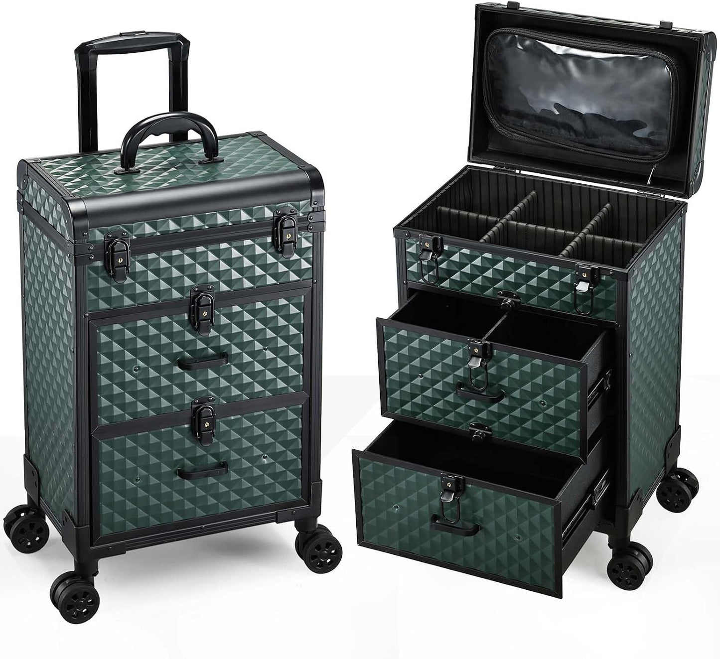 Professional Rolling Makeup Train Case with Drawers, Large Cosmetic Trolley with Locks, Cosmetics Storage Organizer Make up Case for Travel Makeup/Nail Art/Hair Styling, Matte Black