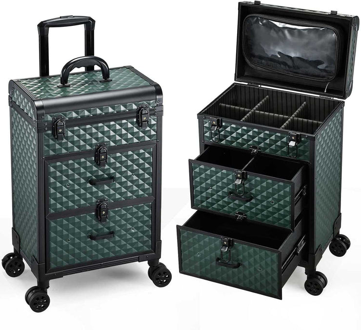 Green textured rolling makeup case with multiple drawers, compartments, and detachable wheels for cosmetic storage and travel.
