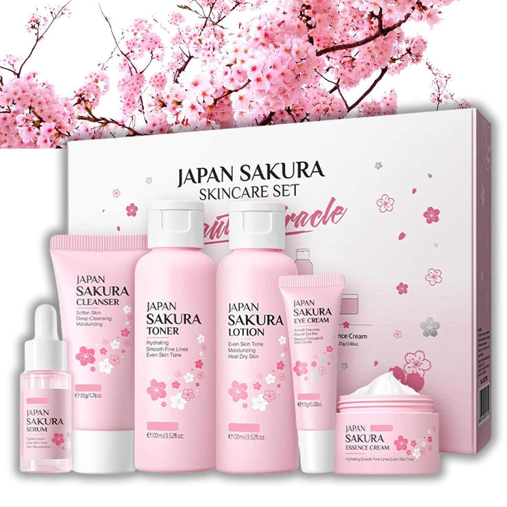 Japan Sakura skin care set for glowing and moisturizing skin with cleanser, toner, lotion, serum, eye cream, and face cream in pink packaging