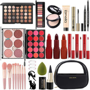 All In One Makeup Set with eyeshadows, lipsticks, blush, brushes, and travel case for complete face, eyes, and lips makeup.
