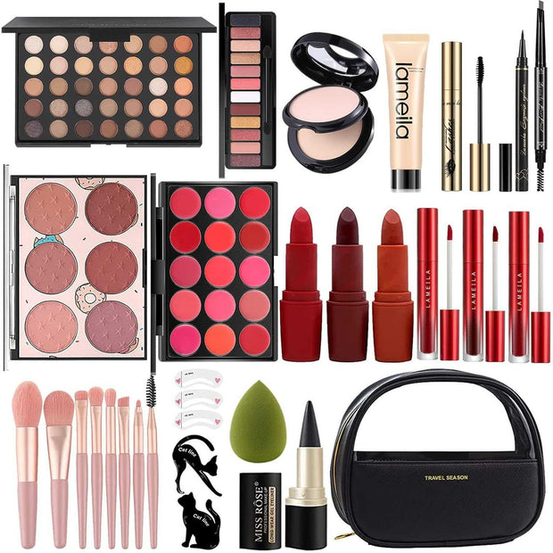 All In One Makeup Set with eyeshadows, lipsticks, blush, brushes, and travel case for complete face, eyes, and lips makeup.