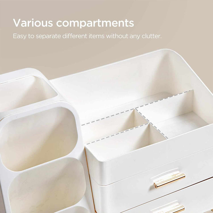 Makeup Organizer with Brush Holder for Vanity, Large Plastic Bathroom Countertop Organizer Skin Care Storage, Easy to Store Lipsticks, Nail Polishes, Perfumes, Eyeshadow Palettes, All White