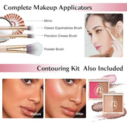 Girls makeup kit with brushes, contouring palette, and before-after face highlighting demonstration