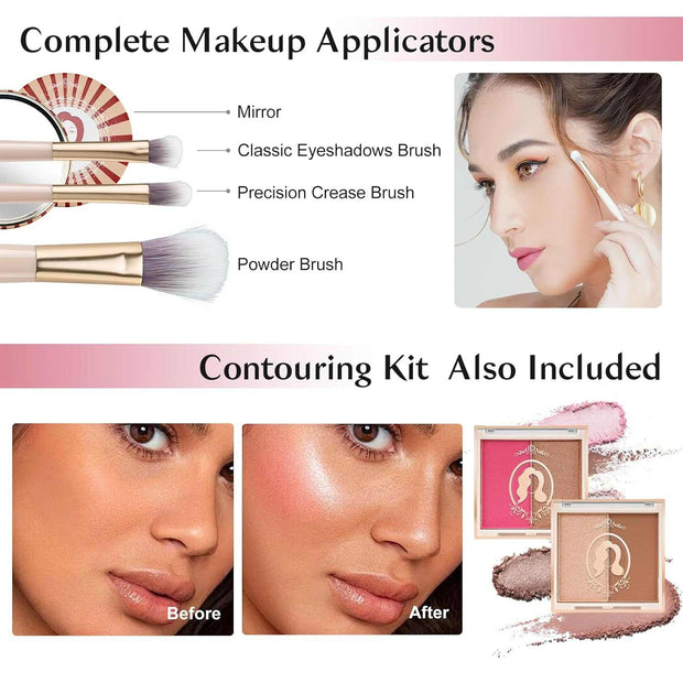 Girls makeup kit with brushes, contouring palette, and before-after face highlighting demonstration