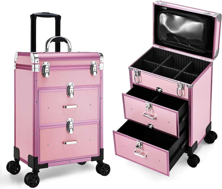 Matte pink rolling makeup case with detachable wheels, lockable drawers, and compartments for cosmetics storage.