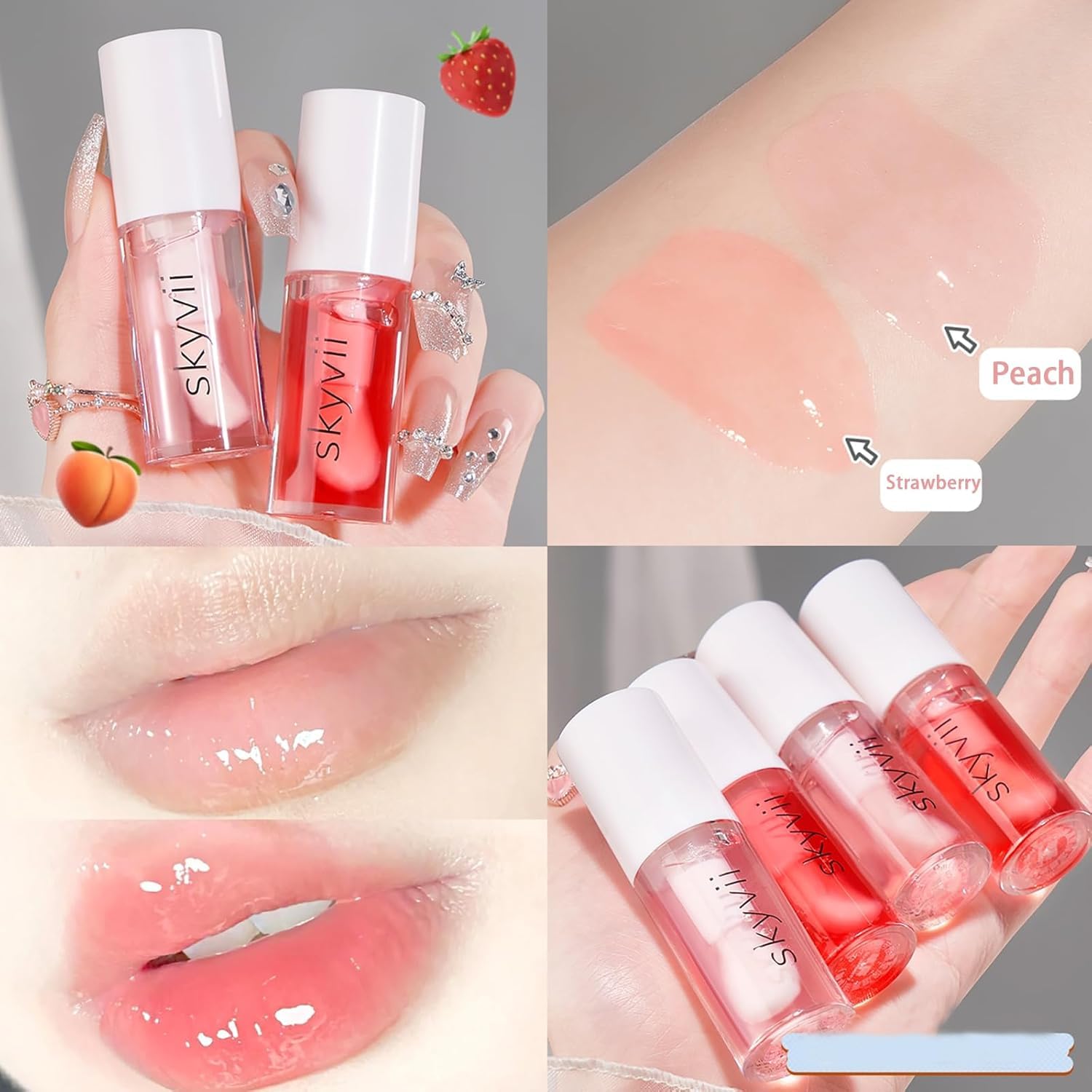 Juego de 4 Aceites Labiales Hidratantes con Sabor a Fruta | Brillo Labial No Pegajoso, Cuidado Nutritivo para Mujeres (Melocotón y Fresa)