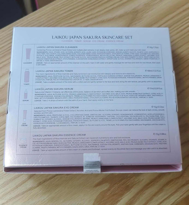 Sakura skincare kit 5-piece travel set with cleanser toner serum eye cream and face cream in compact packaging