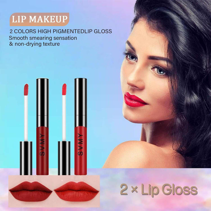 Makeup Set for Women with 2 high pigmented lip glosses, smooth, non-drying texture, vibrant red shades, and model wearing red lipstick