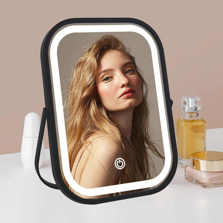 Travel Makeup Mirror with Lights, Portable Small Beauty LED Vanity Mirror with Lights, 1200Mah Battery, Dimmable Touch Screen, Tabletop Folding Compact Mirror,Women Gift