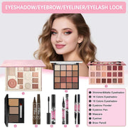 All-in-One Makeup Kit with eyeshadow palettes, eyebrow powder, pen, mascara, eyeliner, and brow pencil for a complete eye makeup look
