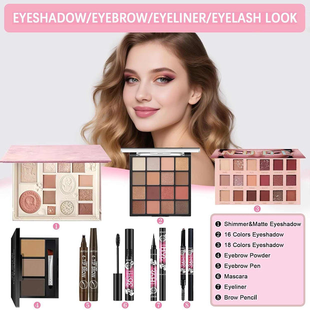 All-in-One Makeup Kit with eyeshadow palettes, eyebrow powder, pen, mascara, eyeliner, and brow pencil for a complete eye makeup look