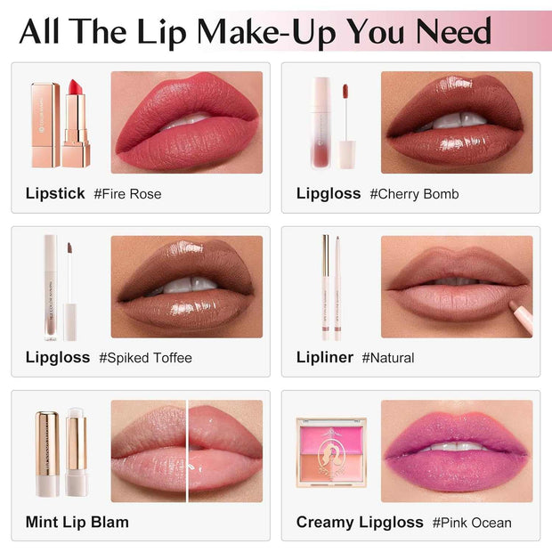 Girls makeup kit lip products including lipstick, lipgloss, lipliner, and mint lip balm with color swatches on lips.