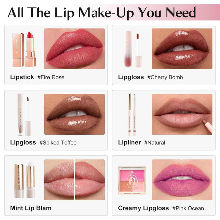 Girls makeup kit lip products including lipstick, lipgloss, lipliner, and mint lip balm with color swatches on lips.