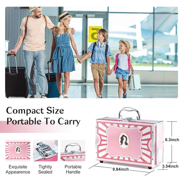 Pink girls makeup kit train case with handle, compact and portable cosmetic set for teens and beginners with 18-color eyeshadow and lip gloss