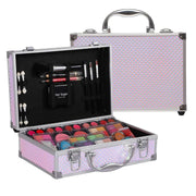 Makeup kit for teen girls with eyeshadow, lip balm, blush, brushes, pencils, and mirror in pink aluminum case