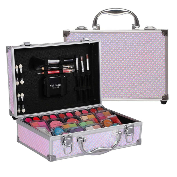 Makeup kit for teen girls with eyeshadow, lip balm, blush, brushes, pencils, and mirror in pink aluminum case