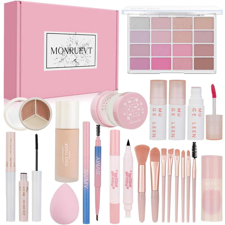 All-in-One Makeup Set with 16-color eyeshadow, blush, lip gloss, concealer, foundation, brushes, and tools in pink compact kit