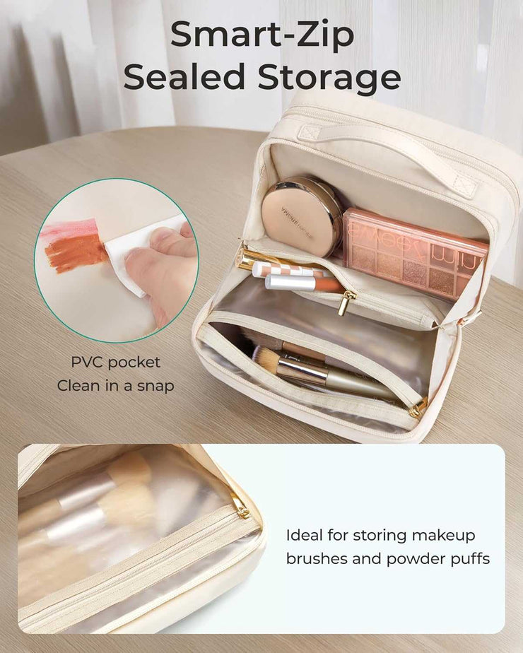 Travel Makeup Bag, Make up Bag with Multiple Compartments for Organizer, Durable & Compact Cosmetic Organizer for Women for Travel Accessories (Beige)
