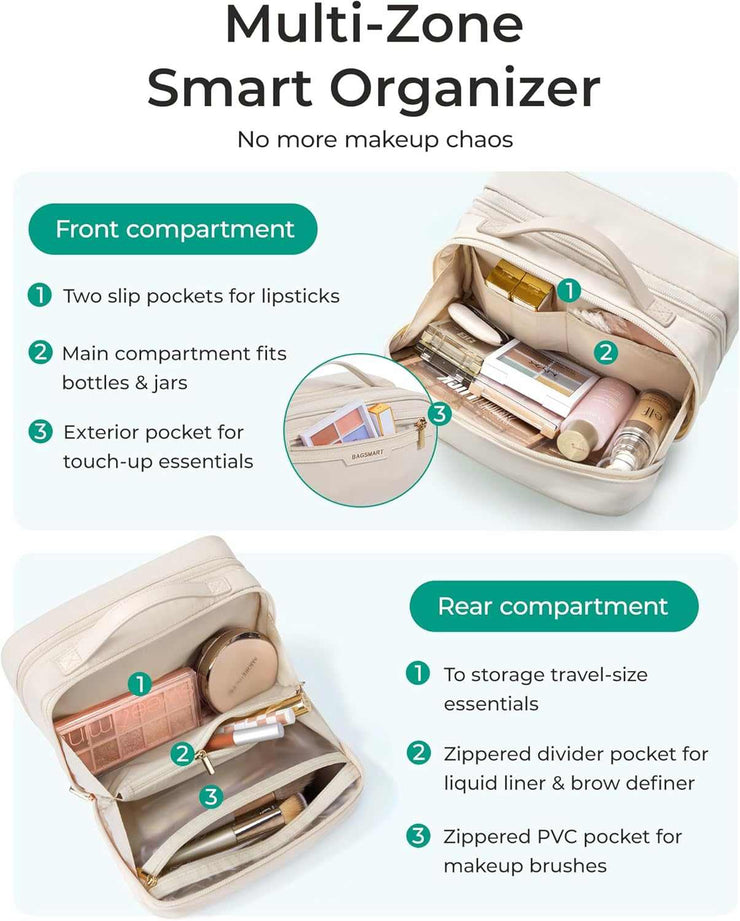 Travel Makeup Bag, Make up Bag with Multiple Compartments for Organizer, Durable & Compact Cosmetic Organizer for Women for Travel Accessories (Beige)
