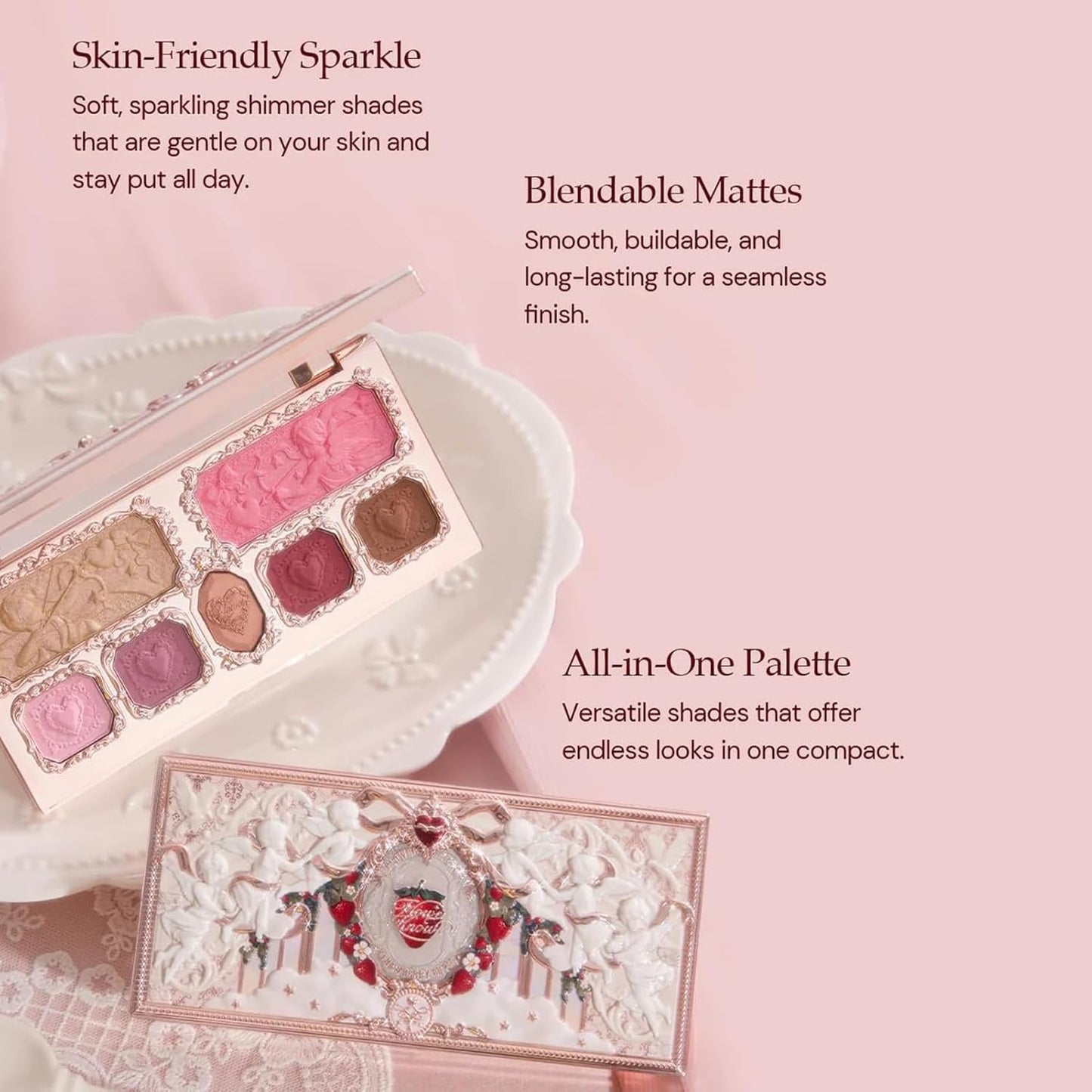 Strawberry Cupid Makeup Palette,Pink Face Makeup with 5 Matte + 2 Shimmer Shades,Blendable Smooth Cute All- In-One Make up Palette,0.49 Oz(02 Cupid'S Mischief)