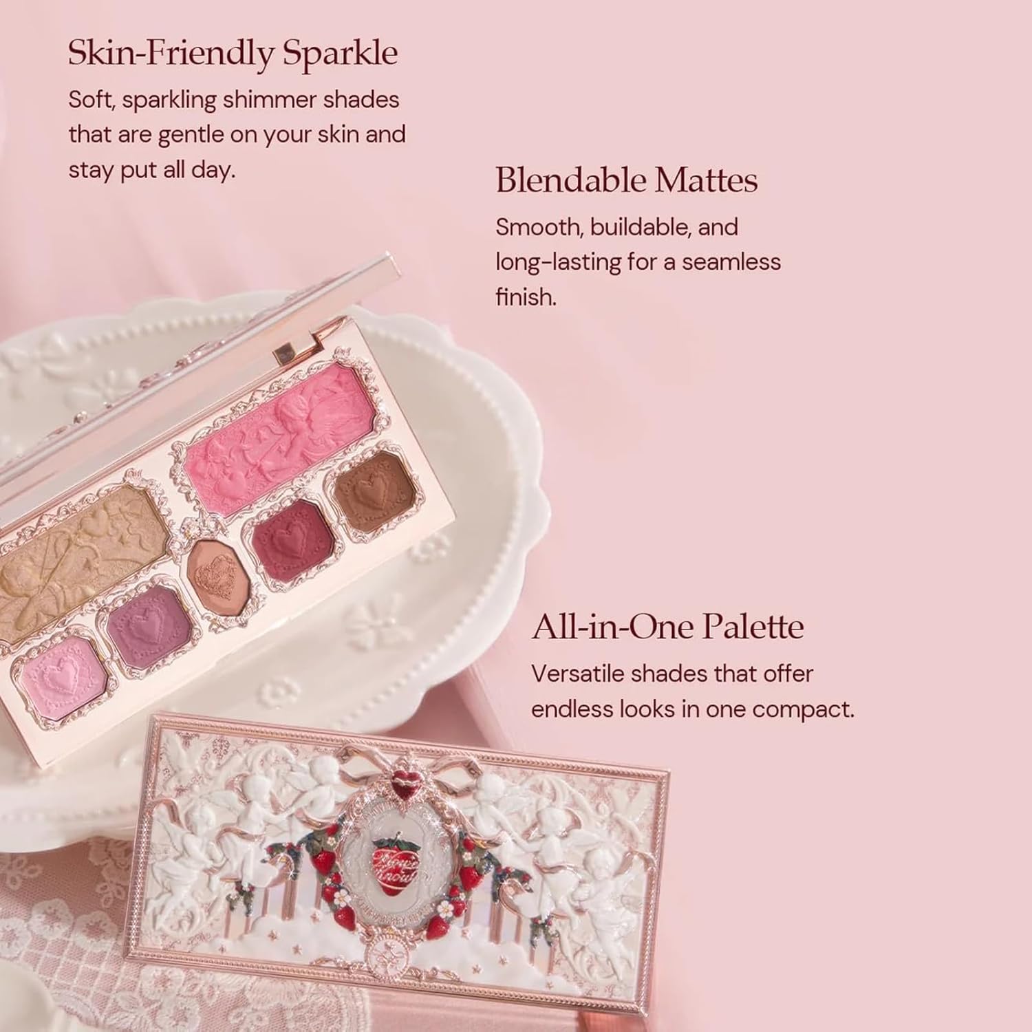 Strawberry Cupid Makeup Palette,Pink Face Makeup with 5 Matte + 2 Shimmer Shades,Blendable Smooth Cute All- In-One Make up Palette,0.49 Oz(02 Cupid'S Mischief)