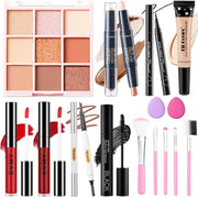 Complete makeup set for women with eyeshadow palette, lipsticks, eyeliners, mascara, concealer, brushes, and sponges in a compact kit