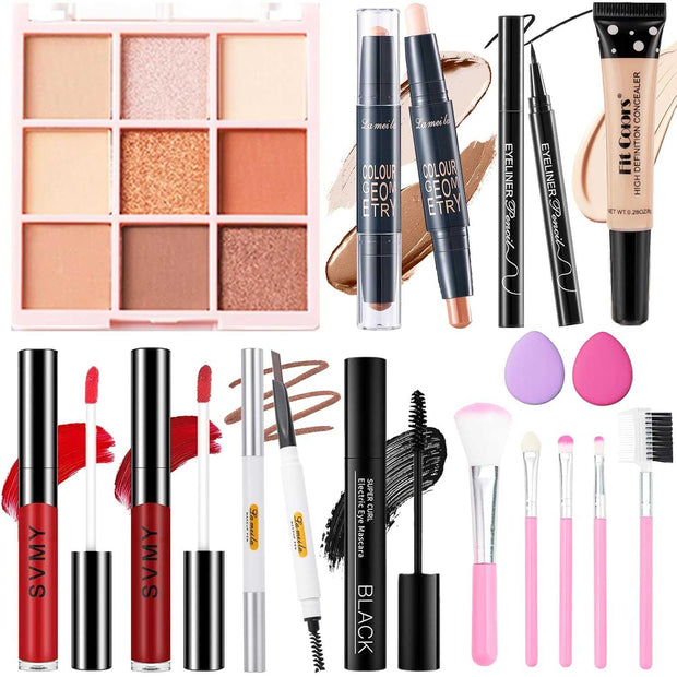 Complete makeup set for women with eyeshadow palette, lipsticks, eyeliners, mascara, concealer, brushes, and sponges in a compact kit