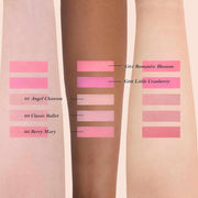 Strawberry Rococo Embossed Blush shades swatched on different skin tones showing pink and berry hues for natural radiant cheeks