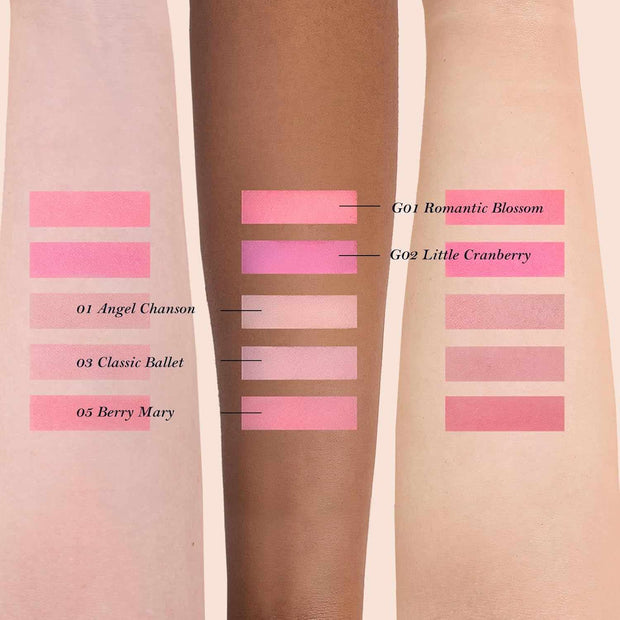 Strawberry Rococo Embossed Blush shades swatched on different skin tones showing pink and berry hues for natural radiant cheeks