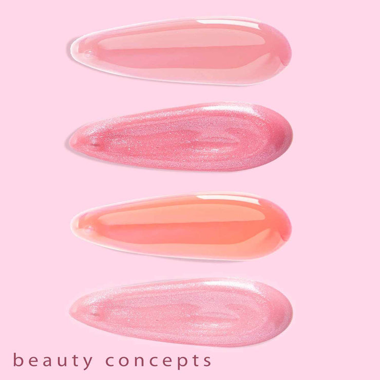 Lip Gloss Collection shiny hydrating shades swatches on pink background