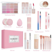 All-in-One Makeup Set with eyeshadow palette, lip gloss, concealer, foundation, brushes, and pink gift box