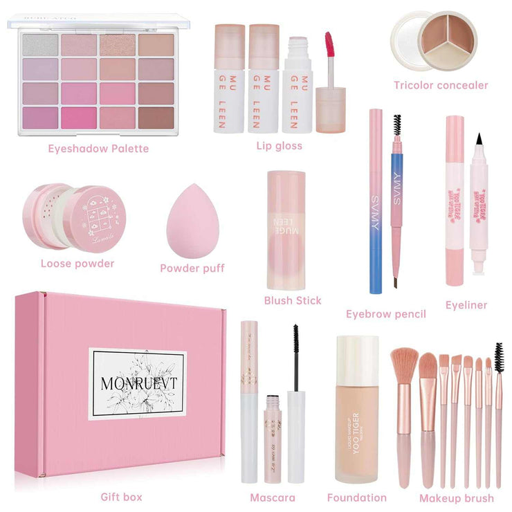 All-in-One Makeup Set with eyeshadow palette, lip gloss, concealer, foundation, brushes, and pink gift box