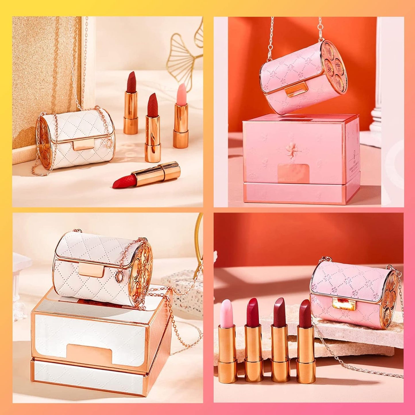 Velvet Matte Lipstick Set with Glamour Chain Pouc, 2023 New 4 Colors Waterproof Matte Lipstick Set, Long Lasting Lip Stick Set Elegant Leather Chain Bag
