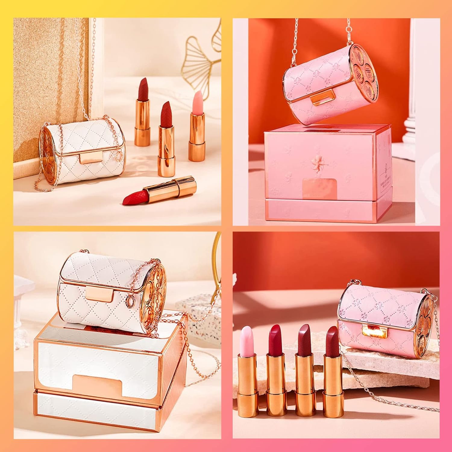 Velvet Matte Lipstick Set with Glamour Chain Pouc, 2023 New 4 Colors Waterproof Matte Lipstick Set, Long Lasting Lip Stick Set Elegant Leather Chain Bag