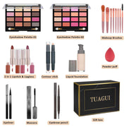 Complete All-in-One Makeup Kit with eyeshadow palettes, brushes, lipsticks, contour sticks, foundation, eyeliner, mascara, eyebrow pencil, powder puff, and gift box