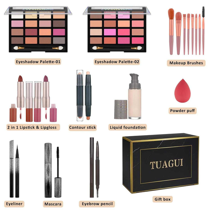Complete All-in-One Makeup Kit with eyeshadow palettes, brushes, lipsticks, contour sticks, foundation, eyeliner, mascara, eyebrow pencil, powder puff, and gift box
