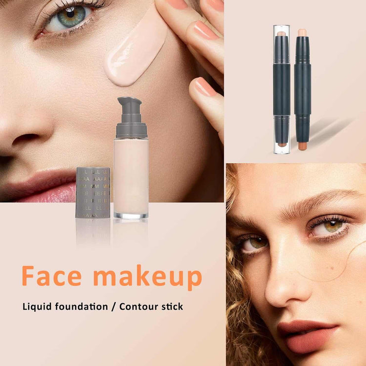 All-in-One Makeup Kit with liquid foundation, contour stick, versatile face makeup for flawless looks