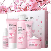 Pink Japan Sakura Skin Care Set with Cleanser, Toner, Serum, Eye Cream, and Essence Cream in gift box